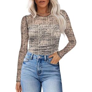 imageXIEERDUO Womens Sexy Sheer Long Sleeve Tops Crew Neck Mesh Ruched Going Out Shirts Blouse Date Night OutfitsZ Print Beige