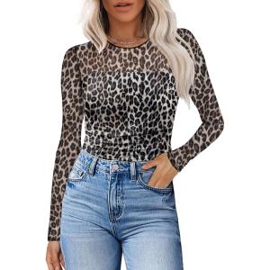 imageXIEERDUO Womens Sexy Sheer Long Sleeve Tops Crew Neck Mesh Ruched Going Out Shirts Blouse Date Night OutfitsZ Print Leopard