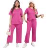 imageXIEERDUO Ladies Plus Size Two Piece Travel Outfits 2 Pc Lounge Set Summer Short Sleeve Tracksuit Wide Leg Loungewear Spring Sweatsuit Fashion Jumpsuit Vacation Clothes Pink 3XL