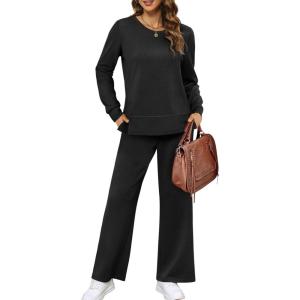 imageXIEERDUO Womens 2 Piece Lounge Sets Side Slit Outfits Wide Leg Tracksuit Comfy Loungewear Fashion Sweatsuit S3XLA Black