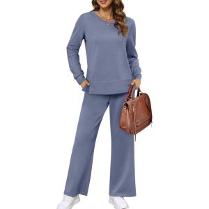imageXIEERDUO Womens 2 Piece Lounge Sets Side Slit Outfits Wide Leg Tracksuit Comfy Loungewear Fashion Sweatsuit S3XLBlue