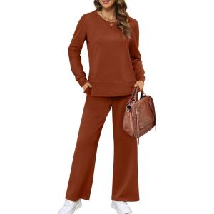 imageXIEERDUO Womens 2 Piece Lounge Sets Side Slit Outfits Wide Leg Tracksuit Comfy Loungewear Fashion Sweatsuit S3XLCaramel