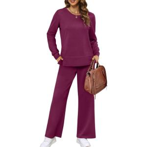 imageXIEERDUO Womens 2 Piece Lounge Sets Side Slit Outfits Wide Leg Tracksuit Comfy Loungewear Fashion Sweatsuit S3XLDark Purple