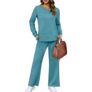 imageXIEERDUO Womens 2 Piece Lounge Sets Side Slit Outfits Wide Leg Tracksuit Comfy Loungewear Fashion Sweatsuit S3XLLake