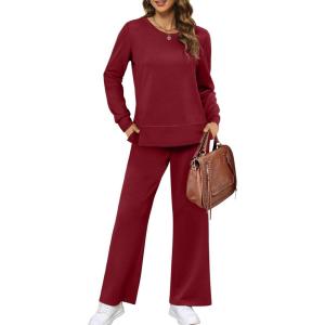 imageXIEERDUO Womens 2 Piece Lounge Sets Side Slit Outfits Wide Leg Tracksuit Comfy Loungewear Fashion Sweatsuit S3XLWine Red