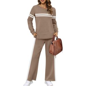 imageXIEERDUO Womens 2 Piece Lounge Sets Side Slit Outfits Wide Leg Tracksuit Comfy Loungewear Fashion Sweatsuit S3XLZ Coffe White