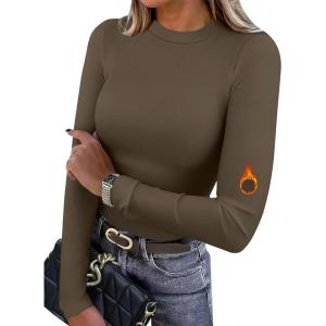 imageXIEERDUO Womens Long Sleeve Thermal Shirt Fleece Mock Neck Tops 2025 Fashion Slim FitCoffee