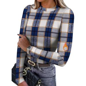 imageXIEERDUO Womens Long Sleeve Thermal Shirt Fleece Mock Neck Tops 2025 Fashion Slim FitFblue Grid