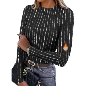 imageXIEERDUO Womens Long Sleeve Thermal Shirt Fleece Mock Neck Tops 2025 Fashion Slim FitFstripe B