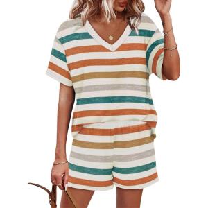 imageXIEERDUO Lounge Sets for Women Shorts Lightweight Summer Pajamas Set Sleepwear 2 Piece Sets Airport Vacation OutfitsColorful Stripe 1