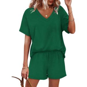 imageXIEERDUO Lounge Sets for Women Shorts Lightweight Summer Pajamas Set Sleepwear 2 Piece Sets Airport Vacation OutfitsGreen