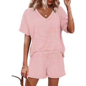 imageXIEERDUO Lounge Sets for Women Shorts Lightweight Summer Pajamas Set Sleepwear 2 Piece Sets Airport Vacation OutfitsPink Stripes