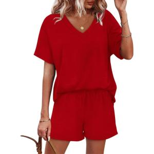 imageXIEERDUO Lounge Sets for Women Shorts Lightweight Summer Pajamas Set Sleepwear 2 Piece Sets Airport Vacation OutfitsRed