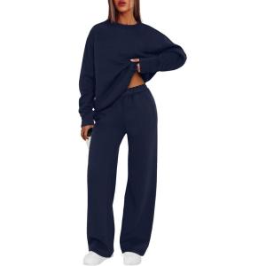 imageXIEERDUO Plus Size Sweatsuits Women 2 Piece Outfit Matching Lounge Sets Winter Clothing Airport Outfits Fall Fashion Must Haves Fleece Lined Track Suits Navy Blue XL