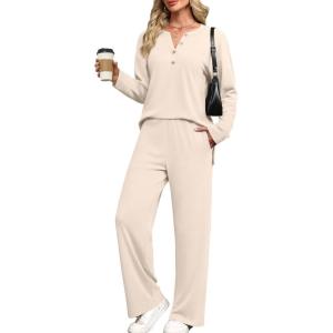 imageXIEERDUO Lounge Sets for Women 2 Piece V Neck Button Matching Sweatsuit Loungewear Fall Outfits Fashion Clothing PajamasApricot