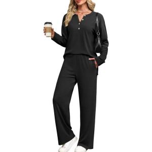 imageXIEERDUO Lounge Sets for Women 2 Piece V Neck Button Matching Sweatsuit Loungewear Fall Outfits Fashion Clothing PajamasBlack