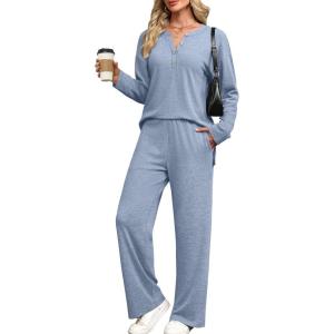 imageXIEERDUO Lounge Sets for Women 2 Piece V Neck Button Matching Sweatsuit Loungewear Fall Outfits Fashion Clothing PajamasBlue