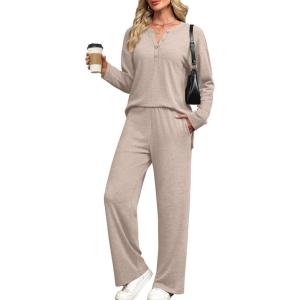 imageXIEERDUO Lounge Sets for Women 2 Piece V Neck Button Matching Sweatsuit Loungewear Fall Outfits Fashion Clothing PajamasKhaki