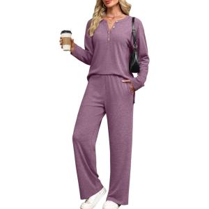 imageXIEERDUO Lounge Sets for Women 2 Piece V Neck Button Matching Sweatsuit Loungewear Fall Outfits Fashion Clothing PajamasPurple Red