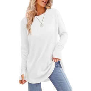 imageXIEERDUO Womens Tunic Tops to Wear with Leggings Long Sleeve Thumb Hole Shirts Crew Neck Curved HemAwhite