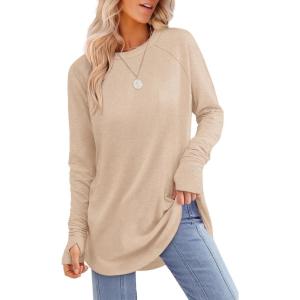 imageXIEERDUO Womens Tunic Tops to Wear with Leggings Long Sleeve Thumb Hole Shirts Crew Neck Curved HemCbeige