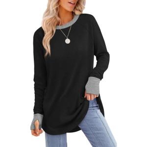 imageXIEERDUO Womens Tunic Tops to Wear with Leggings Long Sleeve Thumb Hole Shirts Crew Neck Curved HemCcolor Block Black