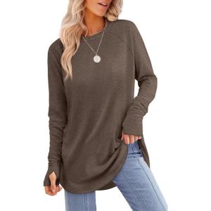 imageXIEERDUO Womens Tunic Tops to Wear with Leggings Long Sleeve Thumb Hole Shirts Crew Neck Curved HemDcoffee