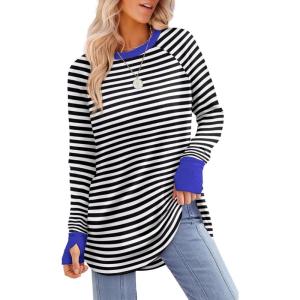 imageXIEERDUO Womens Tunic Tops to Wear with Leggings Long Sleeve Thumb Hole Shirts Crew Neck Curved HemStripe Black White