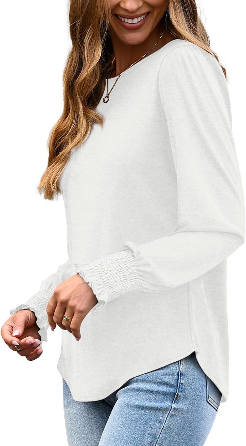 imageXIEERDUO Blouses for Women Dressy Casual Long Sleeve Shirts Fashion Clothing Puff Sleeve Tunic Tops with Smocked CuffsAwhite