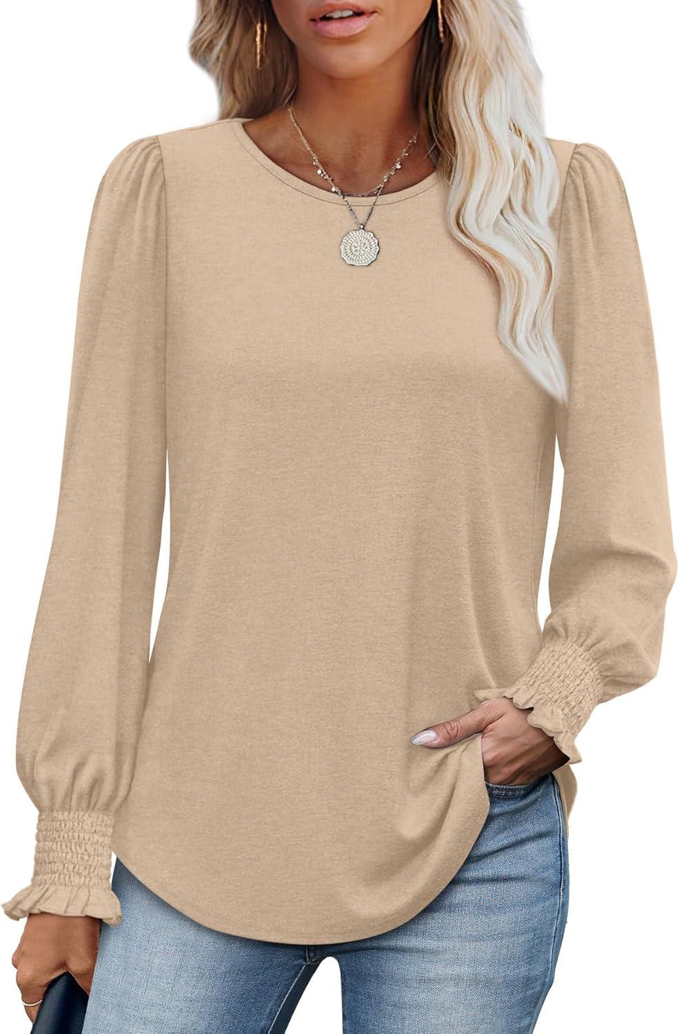 imageXIEERDUO Blouses for Women Dressy Casual Long Sleeve Shirts Fashion Clothing Puff Sleeve Tunic Tops with Smocked CuffsBbeige