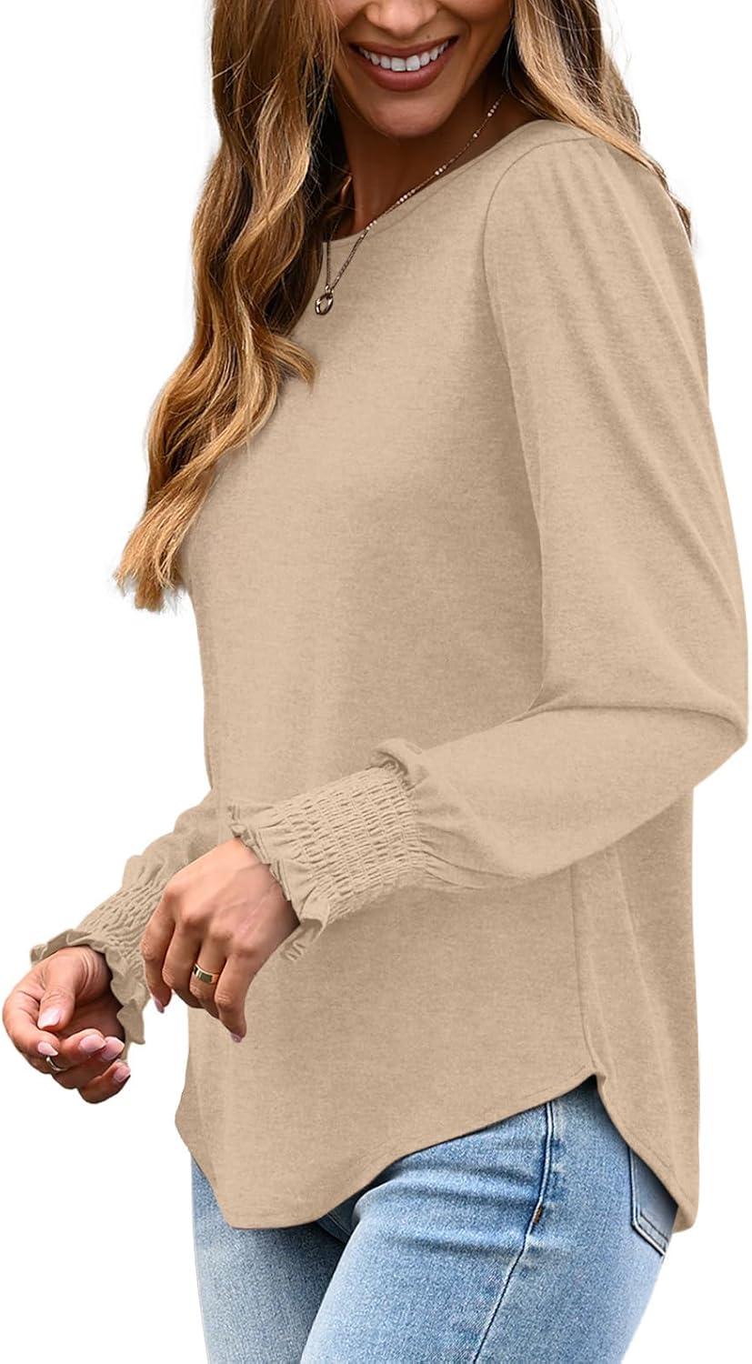 imageXIEERDUO Blouses for Women Dressy Casual Long Sleeve Shirts Fashion Clothing Puff Sleeve Tunic Tops with Smocked CuffsBbeige