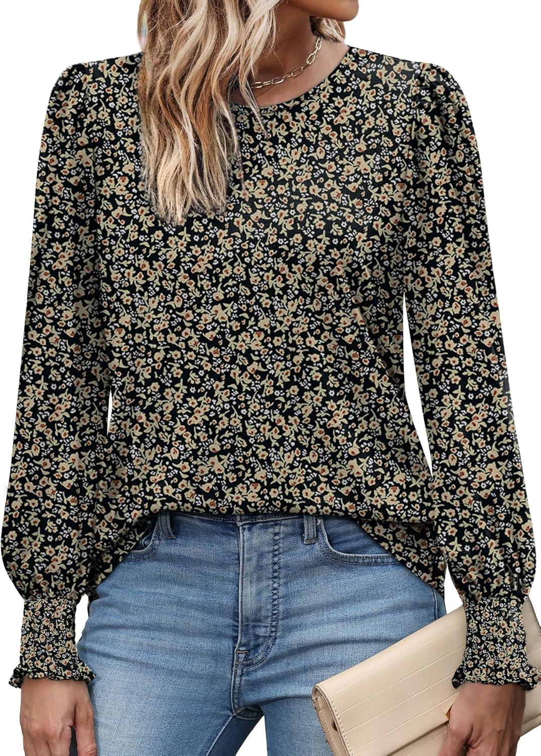 imageXIEERDUO Blouses for Women Dressy Casual Long Sleeve Shirts Fashion Clothing Puff Sleeve Tunic Tops with Smocked CuffsBlack Floral