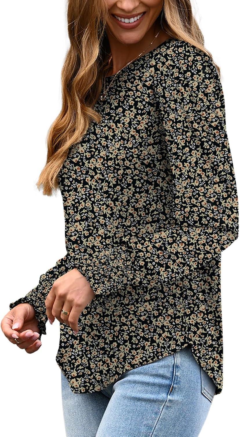 imageXIEERDUO Blouses for Women Dressy Casual Long Sleeve Shirts Fashion Clothing Puff Sleeve Tunic Tops with Smocked CuffsBlack Floral