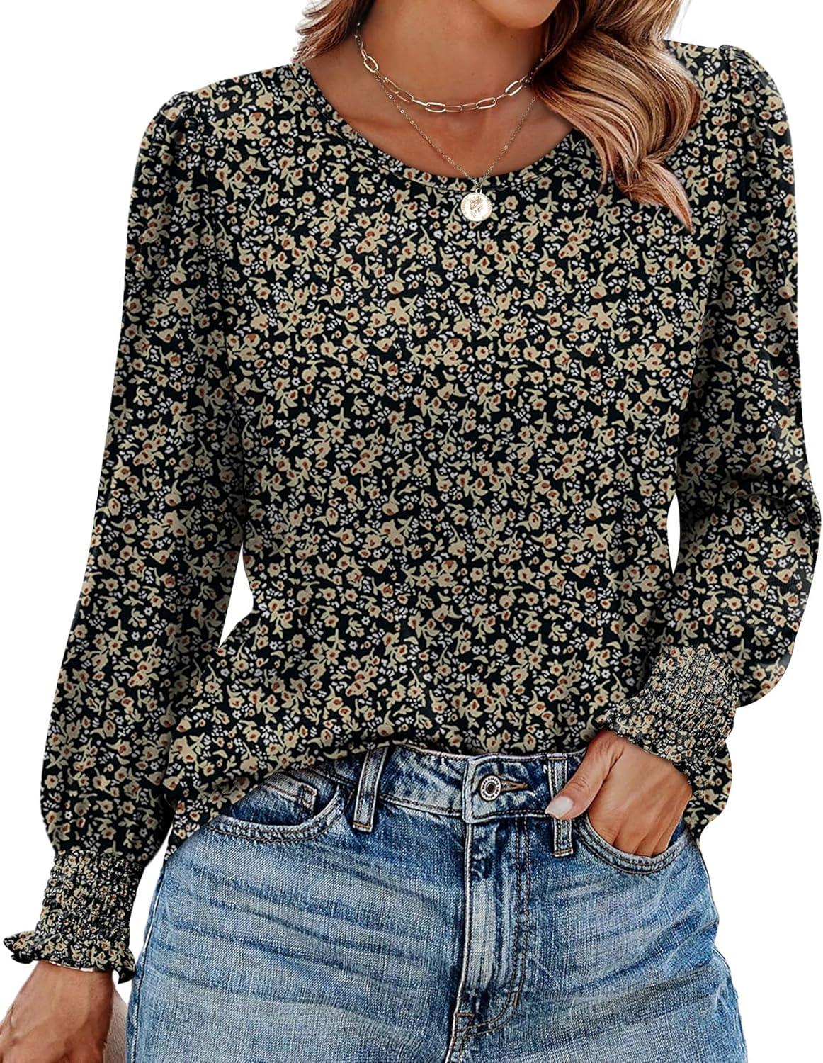 imageXIEERDUO Blouses for Women Dressy Casual Long Sleeve Shirts Fashion Clothing Puff Sleeve Tunic Tops with Smocked CuffsBlack Floral