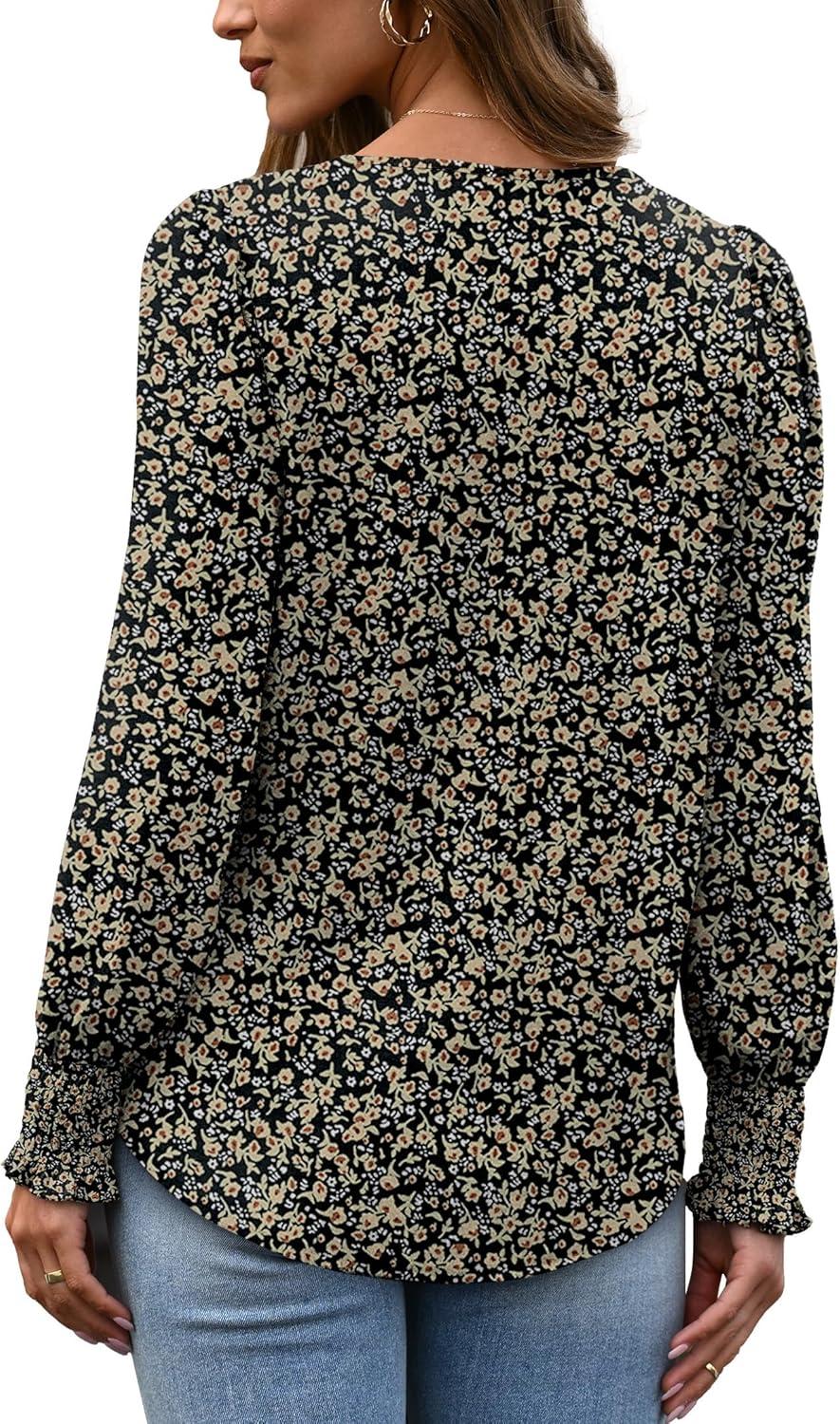 imageXIEERDUO Blouses for Women Dressy Casual Long Sleeve Shirts Fashion Clothing Puff Sleeve Tunic Tops with Smocked CuffsBlack Floral