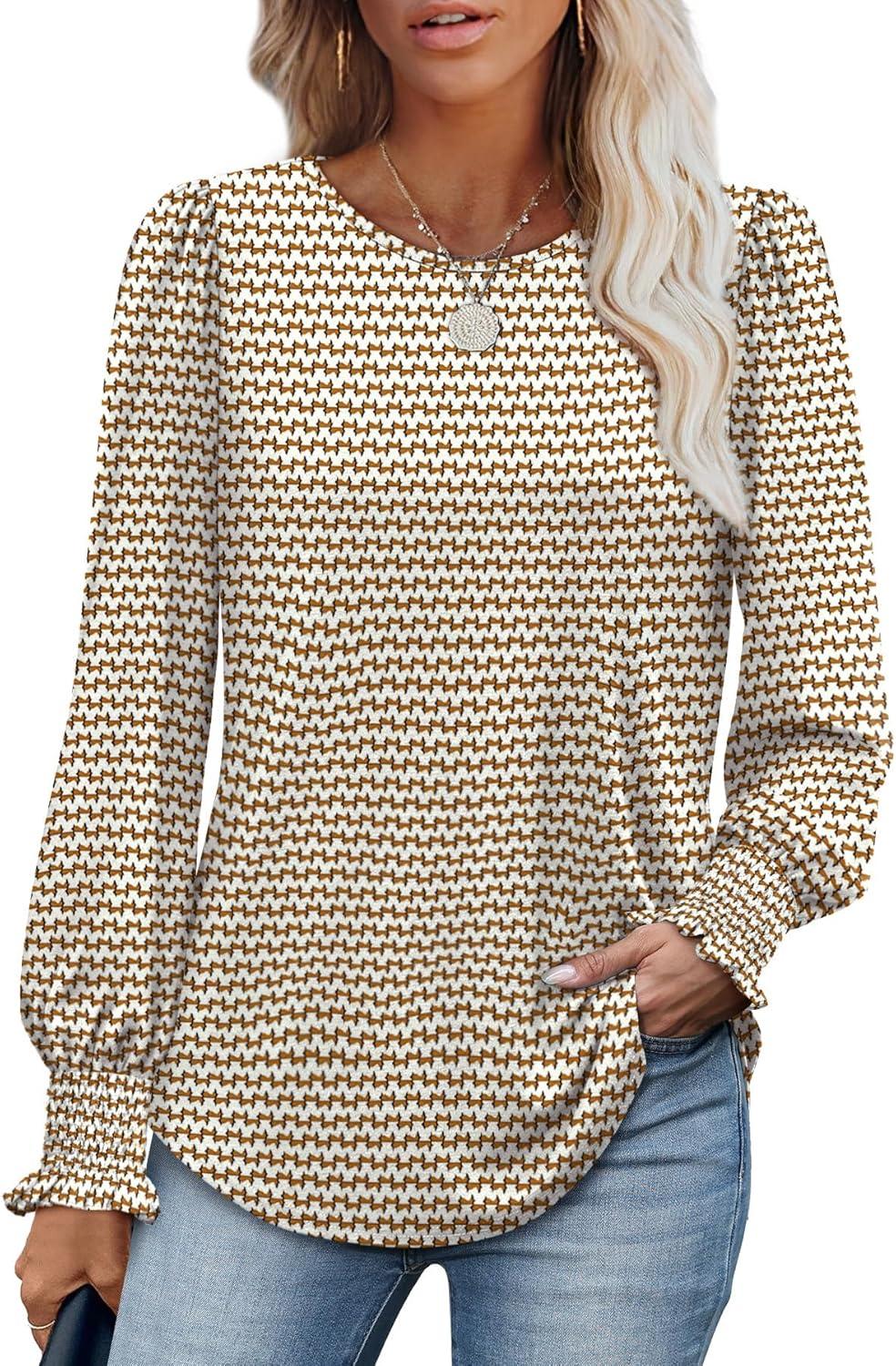 imageXIEERDUO Blouses for Women Dressy Casual Long Sleeve Shirts Fashion Clothing Puff Sleeve Tunic Tops with Smocked CuffsBrown Sripes