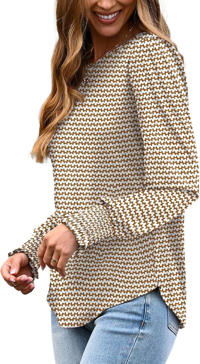 imageXIEERDUO Blouses for Women Dressy Casual Long Sleeve Shirts Fashion Clothing Puff Sleeve Tunic Tops with Smocked CuffsBrown Sripes