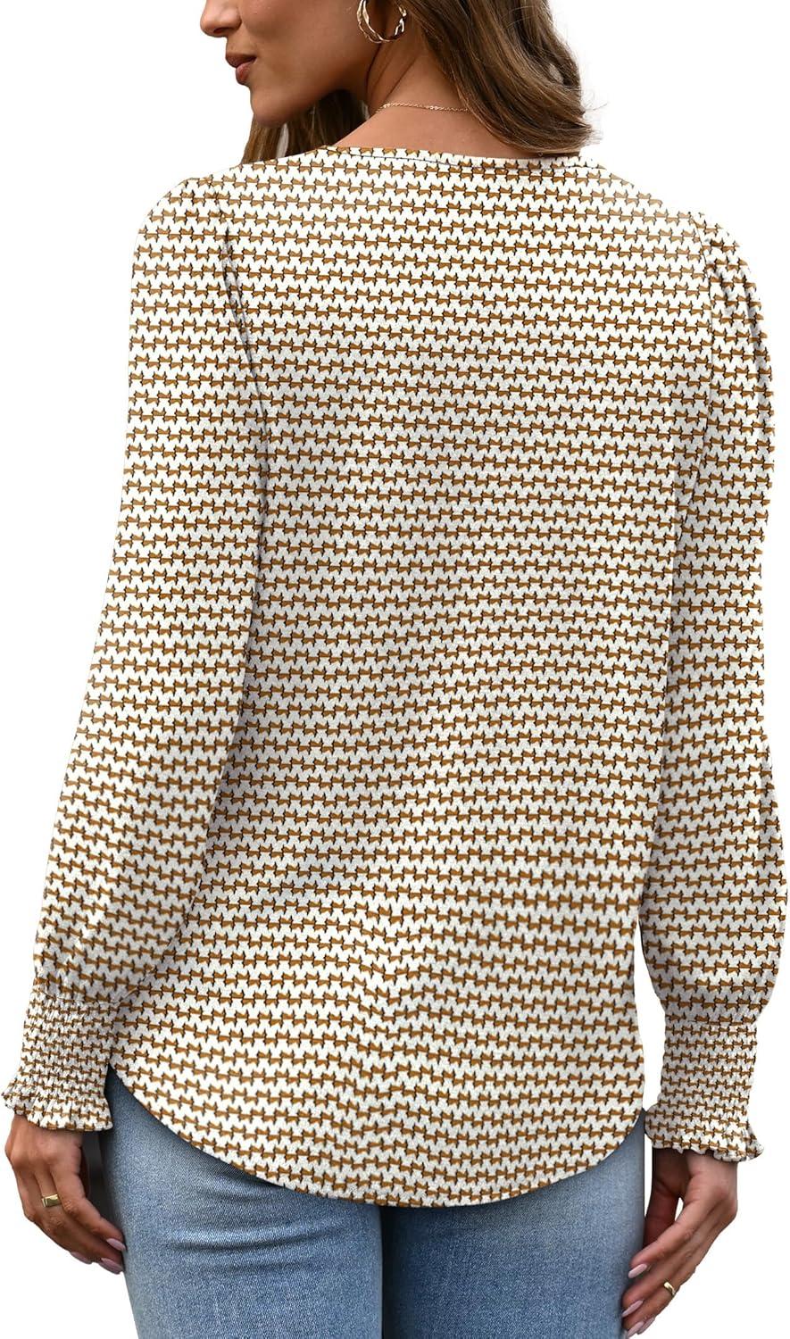 imageXIEERDUO Blouses for Women Dressy Casual Long Sleeve Shirts Fashion Clothing Puff Sleeve Tunic Tops with Smocked CuffsBrown Sripes