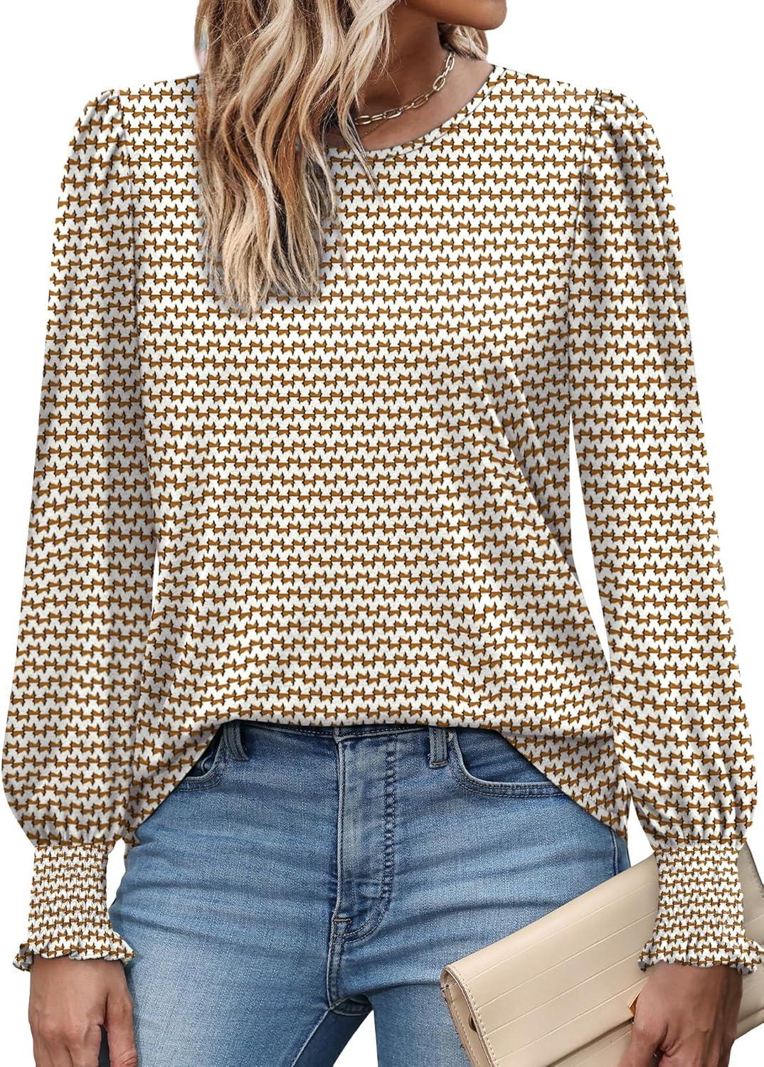 imageXIEERDUO Blouses for Women Dressy Casual Long Sleeve Shirts Fashion Clothing Puff Sleeve Tunic Tops with Smocked CuffsBrown Sripes