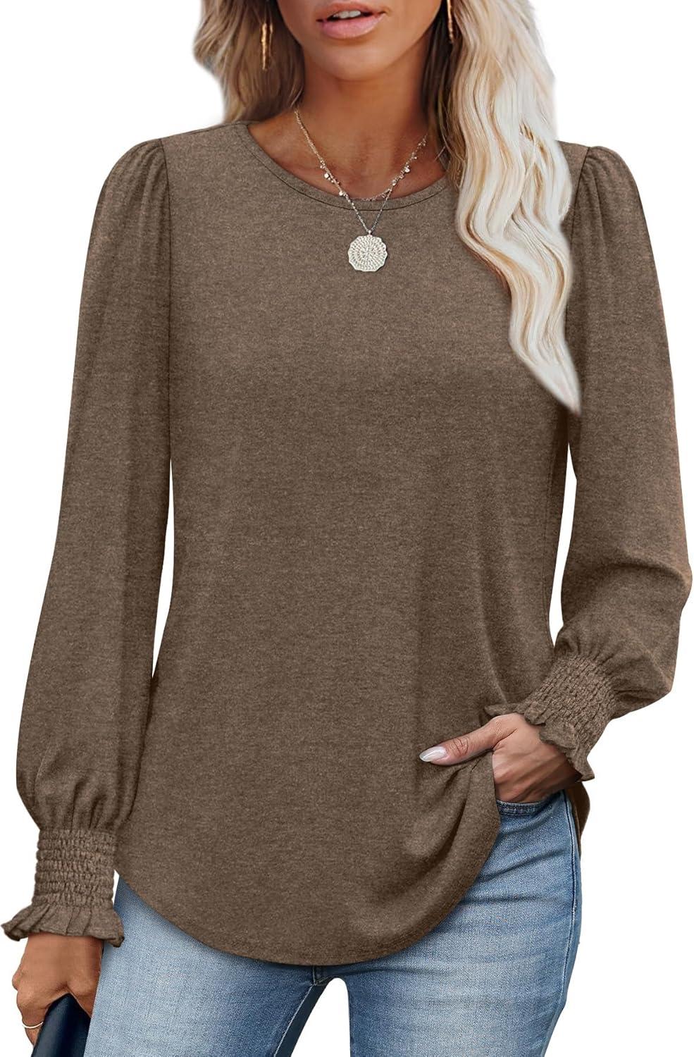 imageXIEERDUO Blouses for Women Dressy Casual Long Sleeve Shirts Fashion Clothing Puff Sleeve Tunic Tops with Smocked CuffsCcoffee