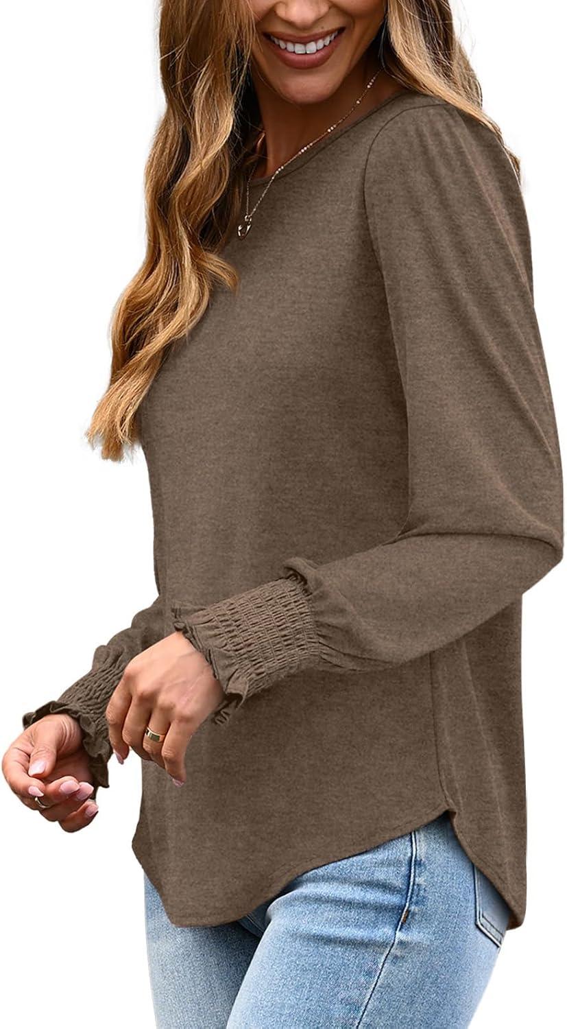 imageXIEERDUO Blouses for Women Dressy Casual Long Sleeve Shirts Fashion Clothing Puff Sleeve Tunic Tops with Smocked CuffsCcoffee