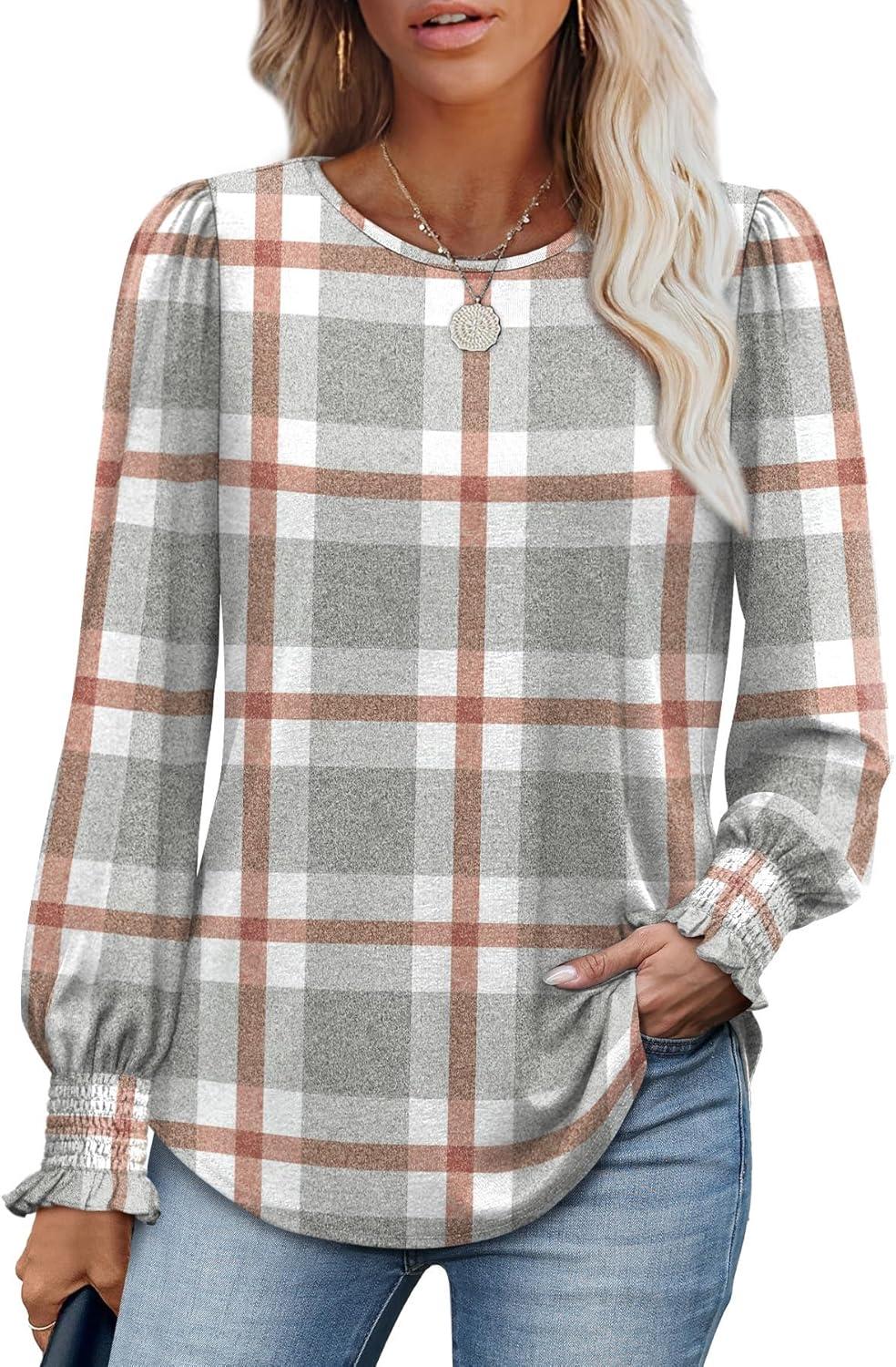 imageXIEERDUO Blouses for Women Dressy Casual Long Sleeve Shirts Fashion Clothing Puff Sleeve Tunic Tops with Smocked CuffsCgrey Block