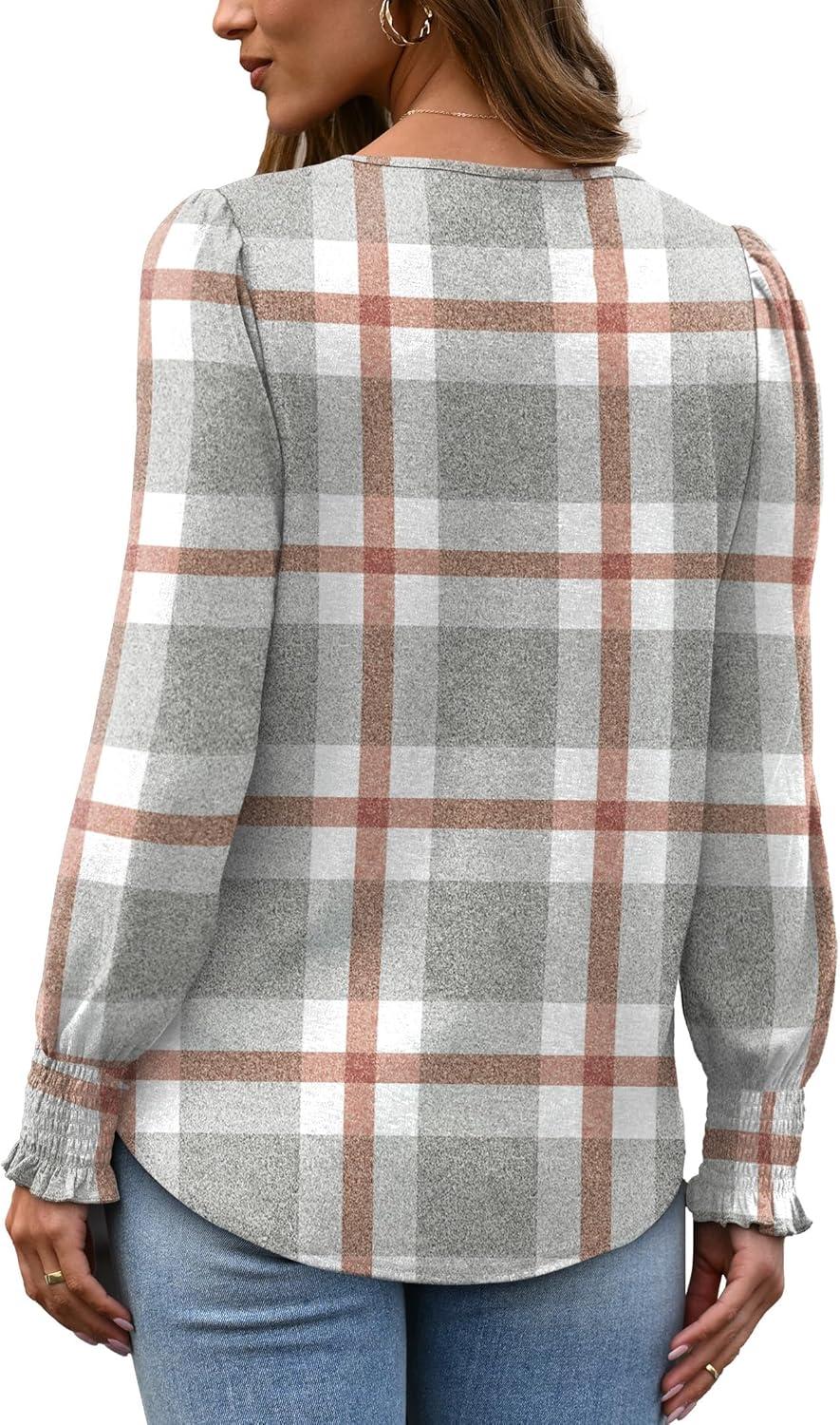 imageXIEERDUO Blouses for Women Dressy Casual Long Sleeve Shirts Fashion Clothing Puff Sleeve Tunic Tops with Smocked CuffsCgrey Block