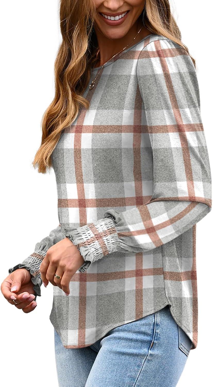 imageXIEERDUO Blouses for Women Dressy Casual Long Sleeve Shirts Fashion Clothing Puff Sleeve Tunic Tops with Smocked CuffsCgrey Block