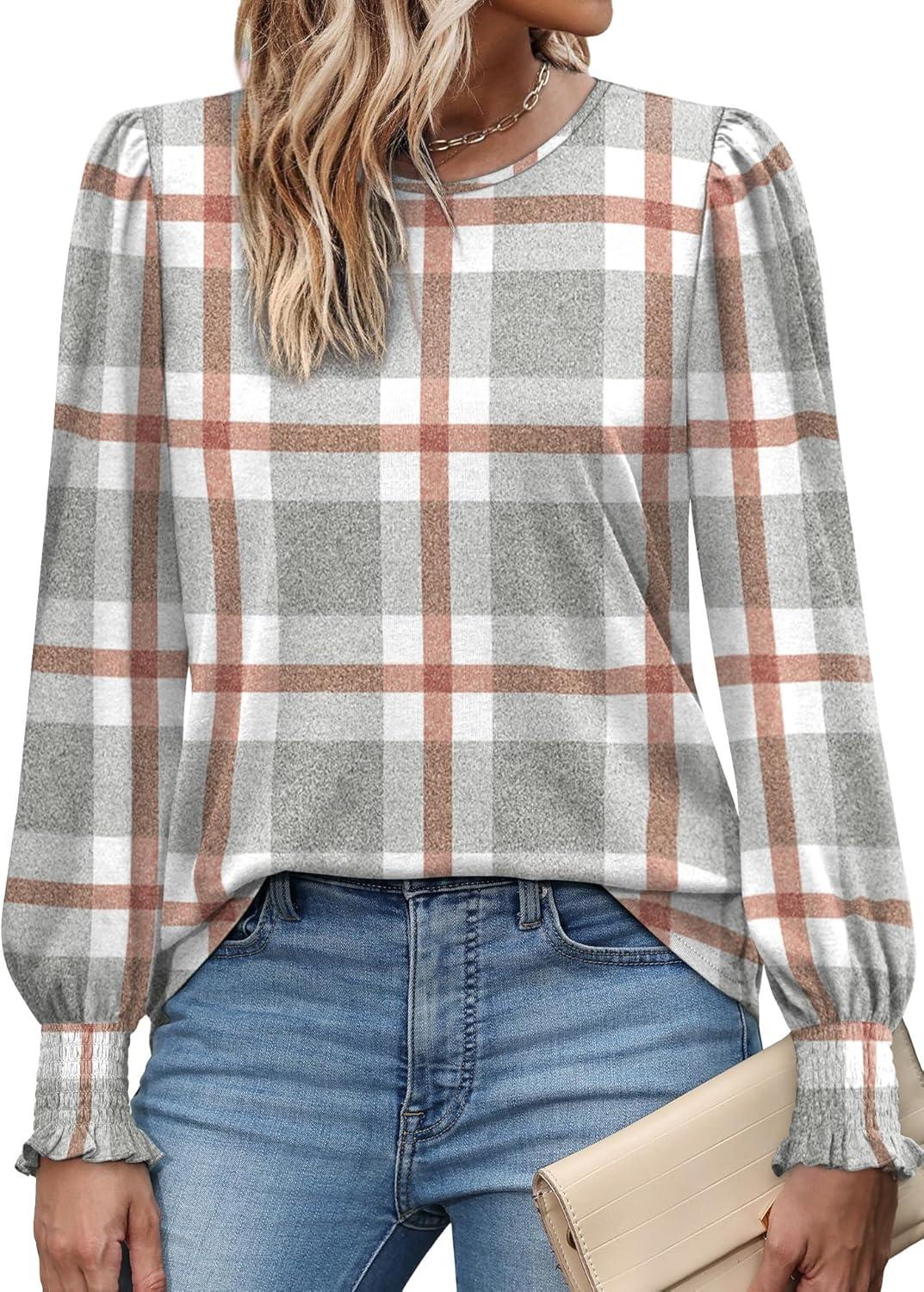 imageXIEERDUO Blouses for Women Dressy Casual Long Sleeve Shirts Fashion Clothing Puff Sleeve Tunic Tops with Smocked CuffsCgrey Block