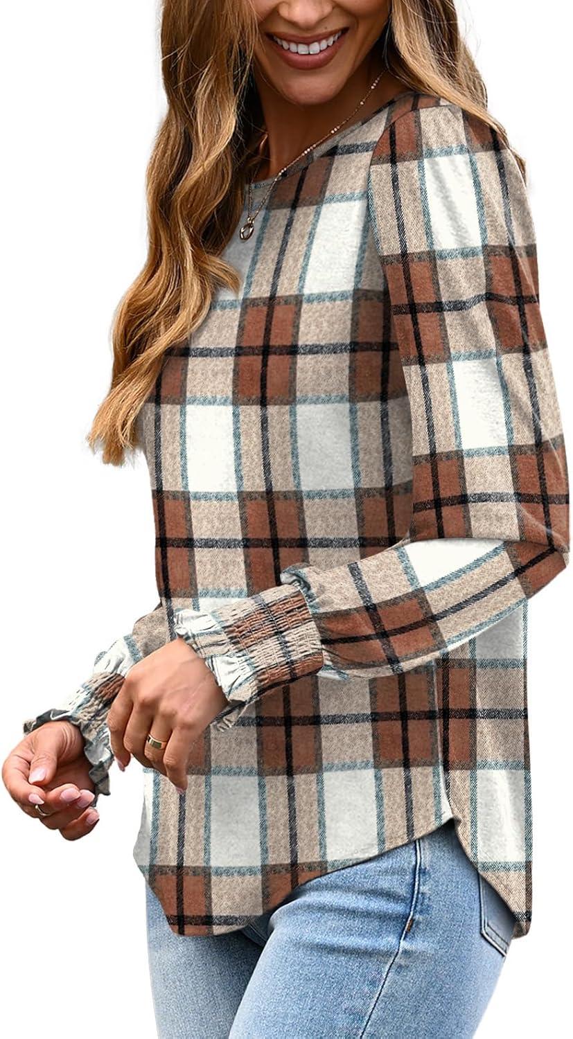 imageXIEERDUO Blouses for Women Dressy Casual Long Sleeve Shirts Fashion Clothing Puff Sleeve Tunic Tops with Smocked CuffsCkhaki Block
