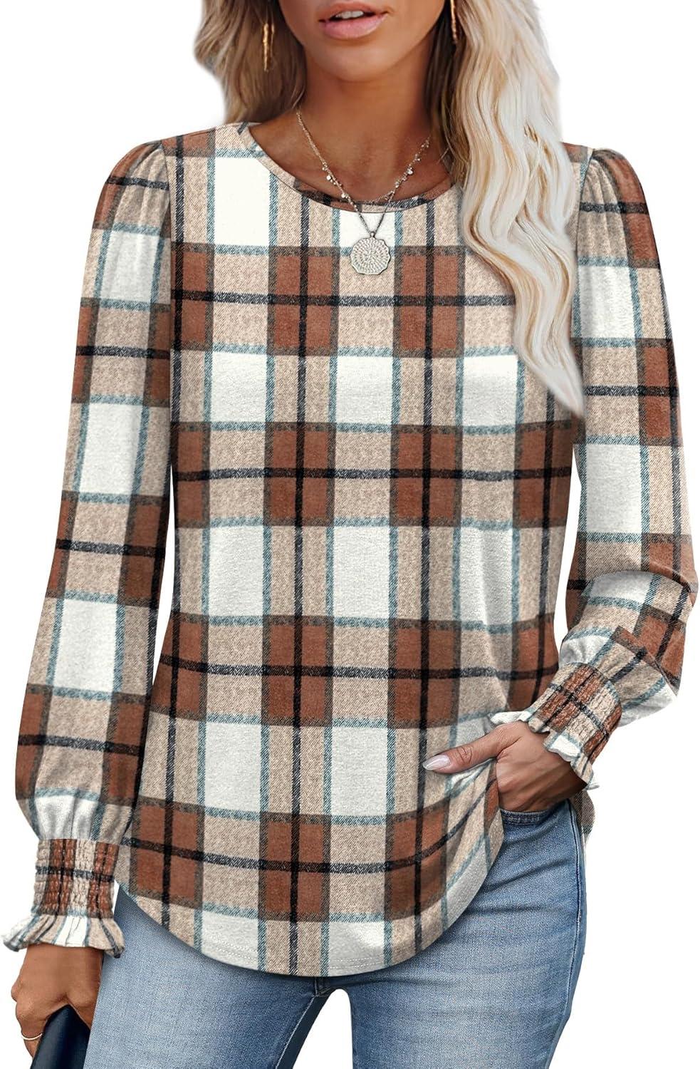 imageXIEERDUO Blouses for Women Dressy Casual Long Sleeve Shirts Fashion Clothing Puff Sleeve Tunic Tops with Smocked CuffsCkhaki Block