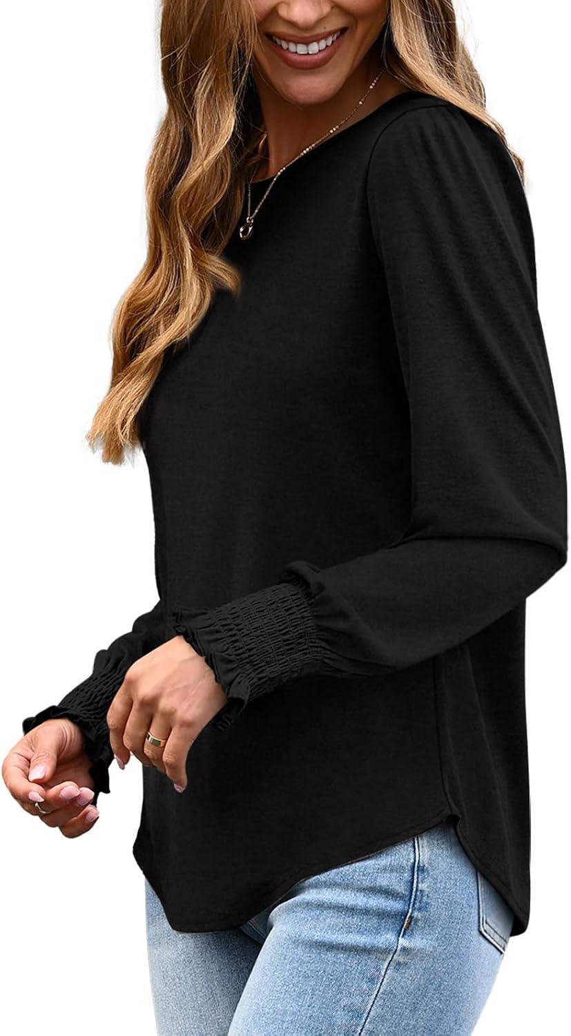 imageXIEERDUO Blouses for Women Dressy Casual Long Sleeve Shirts Fashion Clothing Puff Sleeve Tunic Tops with Smocked CuffsEblack