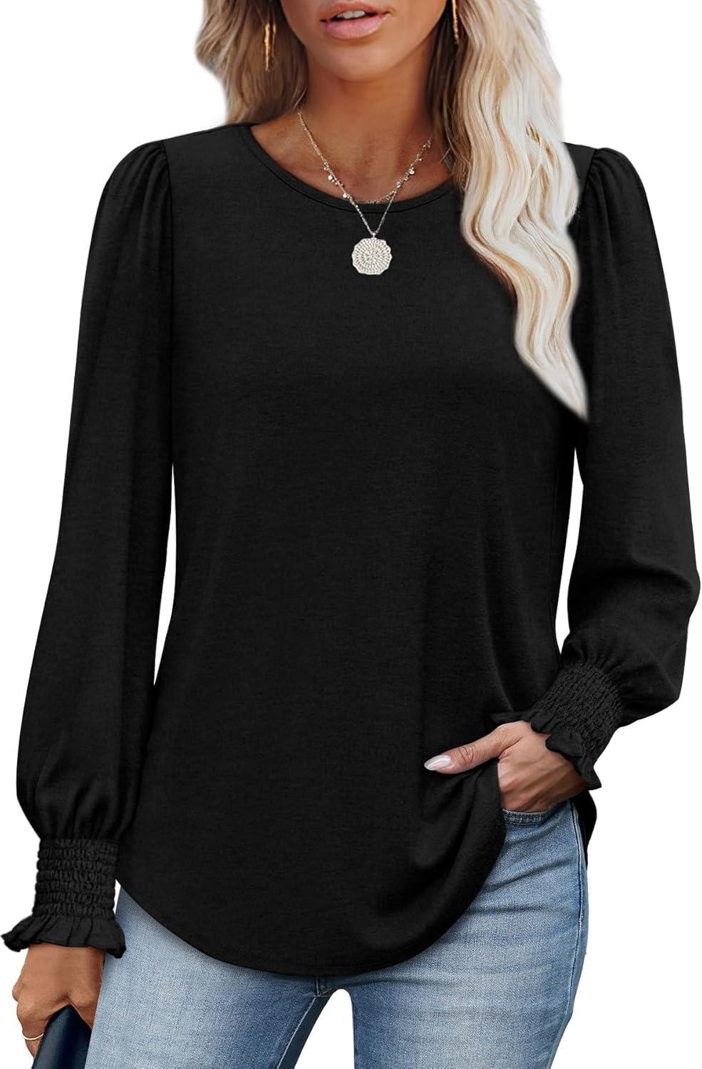 imageXIEERDUO Blouses for Women Dressy Casual Long Sleeve Shirts Fashion Clothing Puff Sleeve Tunic Tops with Smocked CuffsEblack
