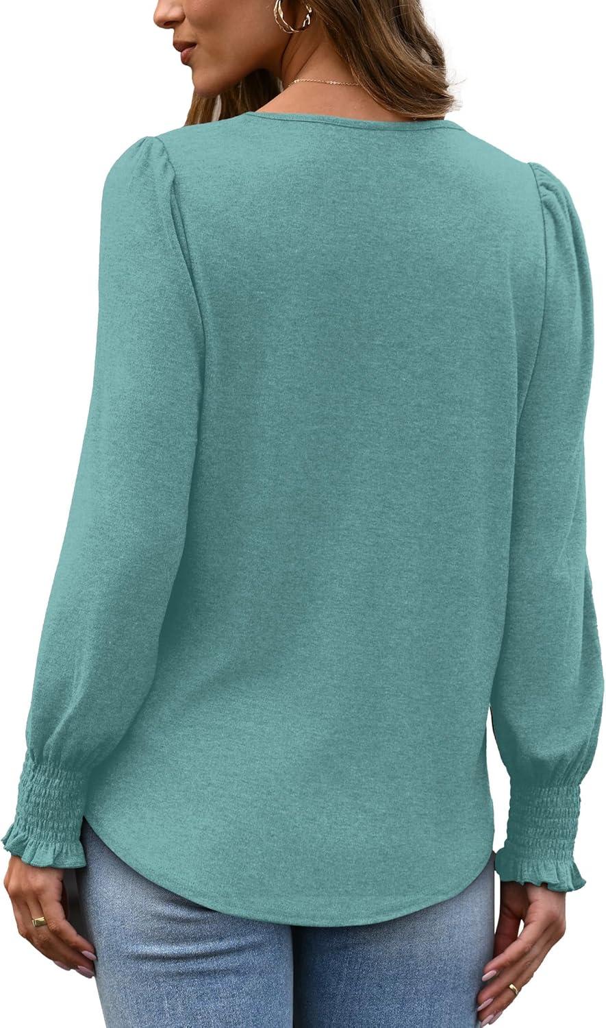 imageXIEERDUO Blouses for Women Dressy Casual Long Sleeve Shirts Fashion Clothing Puff Sleeve Tunic Tops with Smocked CuffsFblue Green